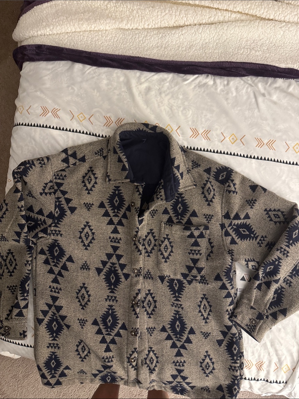Lightweight Aztec Shirt Jacket - Beige & Navy